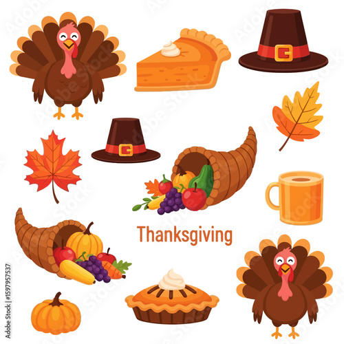 Thanksgiving Feast: A vibrant and inviting collection of Thanksgiving themed illustration, representing a bountiful feast. Featuring the festive symbols of the holiday. 