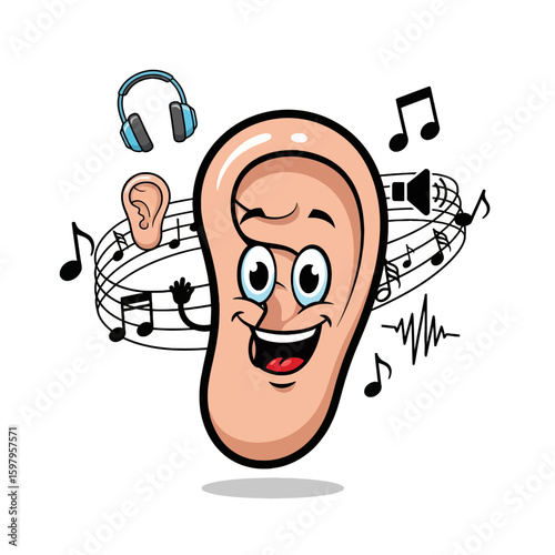 Musical Ear: A whimsical cartoon ear, radiating musical notes and headphones, celebrating the auditory experience, symbolizing the pleasure and magic of sound.