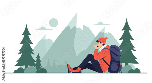 Hiker Enjoying Mountain View During Winter Season Restful Outdoor Scenery