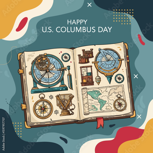 Columbus Day Book: Artistic rendering of an open book displaying navigation tools and a vintage map, celebrating Columbus Day.