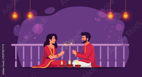 Festive Couple Celebrates Diwali With Sparklers And Diyas On Balcony At Night