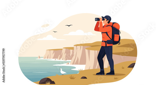 Hiker Observes Coastal Landscape Through Binoculars Enjoying Nature View