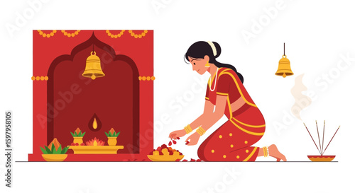 Hindu Woman Offering Flowers Before a Shrine During Traditional Celebration