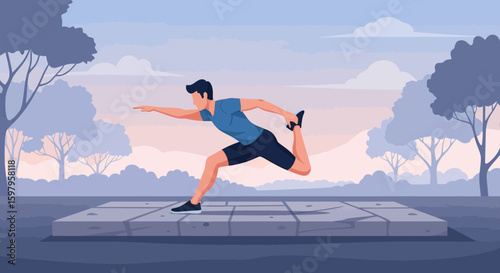 Man Doing Quadriceps Stretch Exercise Outdoor In A Peaceful Park Landscape