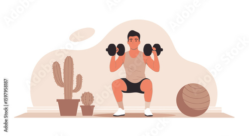 Man Doing Squats At Home With Dumbbells To Improve Strength And Fitness