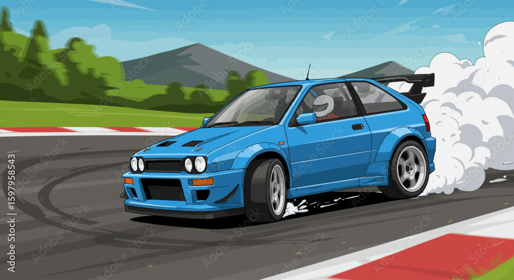 Naklejka premium Vector Cartoon Rally Car Drifting and Spinning Out-High-Speed Race Illustration