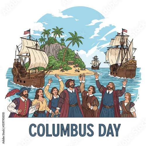 Columbus Day Discovery: A historical portrayal depicts a group of explorers and ships. Celebrating the spirit of exploration and discovery, showcasing historical events and seafaring heritage