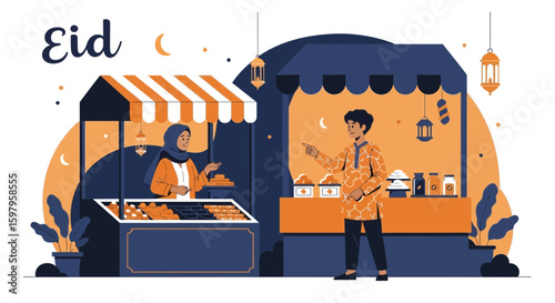Festive Eid Market Scene With Traditional Treats And Cheerful Vendor