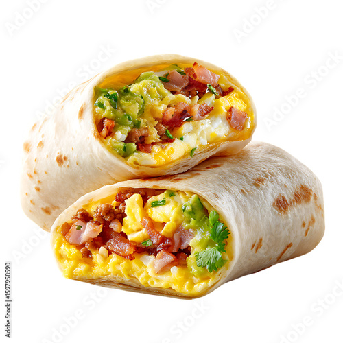 Two Breakfast Burritos Scrambled Eggs Bacon Avocado Guacamole isolated on a transparent background image