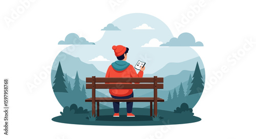 Illustration Of A Man Resting On Bench With Tablet In Nature Setting