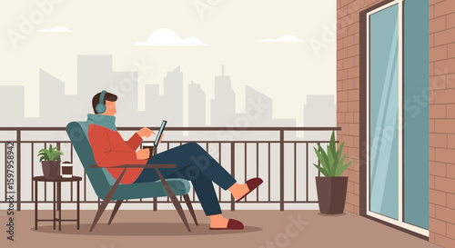 Man Enjoying Downtime On Balcony With Modern Cityscape In The Background