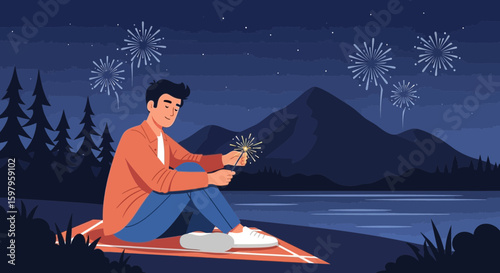 Man Enjoying Fireworks Show By The Lake Celebrating Special Moments