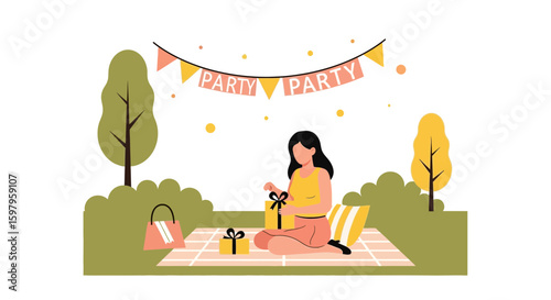 Festive Gathering In Nature Young Woman Opens Birthday Gift Picnic Scene
