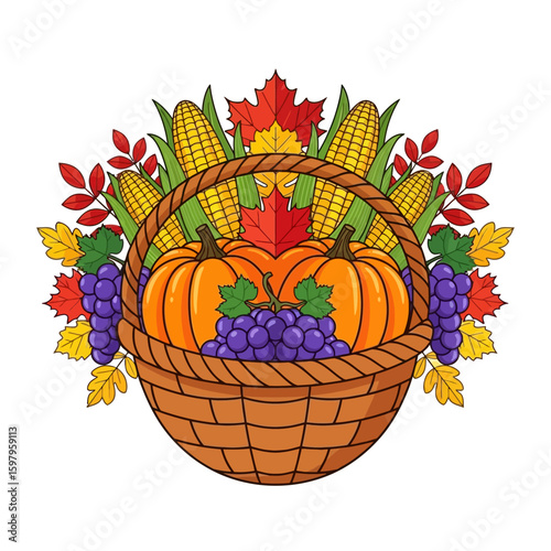 Autumn Harvest Bounty: A bountiful wicker basket overflowing with the vibrant colors and textures of autumn. pumpkins, corn, and grapes are beautifully arranged alongside colorful fall leaves.