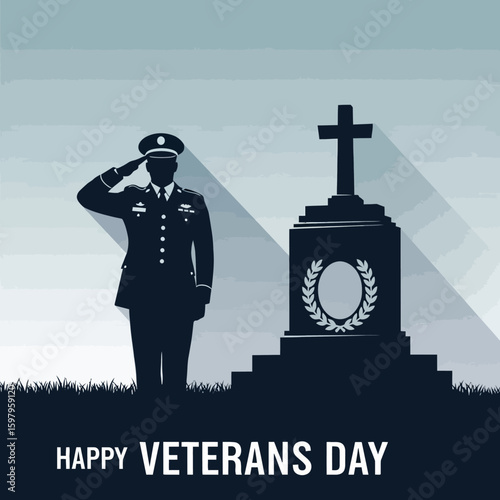 Honoring Remembrance: A solemn military figure salutes a memorial, cross, and grass conveying a tribute to valor and sacrifice.