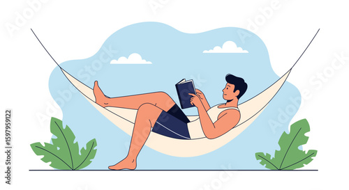 Man Enjoying Leisure Time Reading Book on Hammock in Summer Time