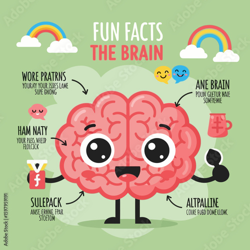 Cartoon brain illustration with big eyes and a smile, surrounded by fun facts and colorful icons on a light green background.