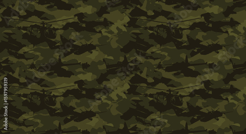 Vector Camouflage Aviation Seamless Patterns-Military Jet, Helicopter, Plane Silhouettes in Khaki Green Camo