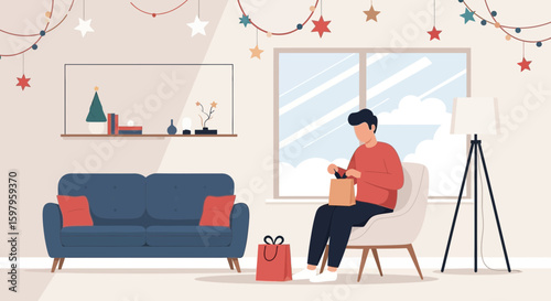 Festive Greetings: A Person Unveiling A Gift In A Cozy Christmas Decorated Living Room