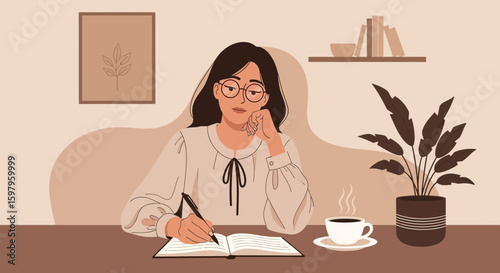 Illustrative Serene Woman Writing Diary During Morning Coffee Break At Home