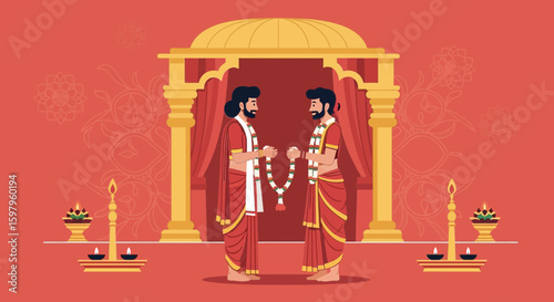 Indian Gay Wedding Ceremony Featuring Two Men Exchanging Flower Garlands
