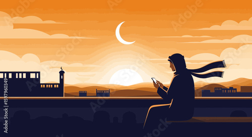 Muslim Woman Using Smartphone With Crescent Moon And City View