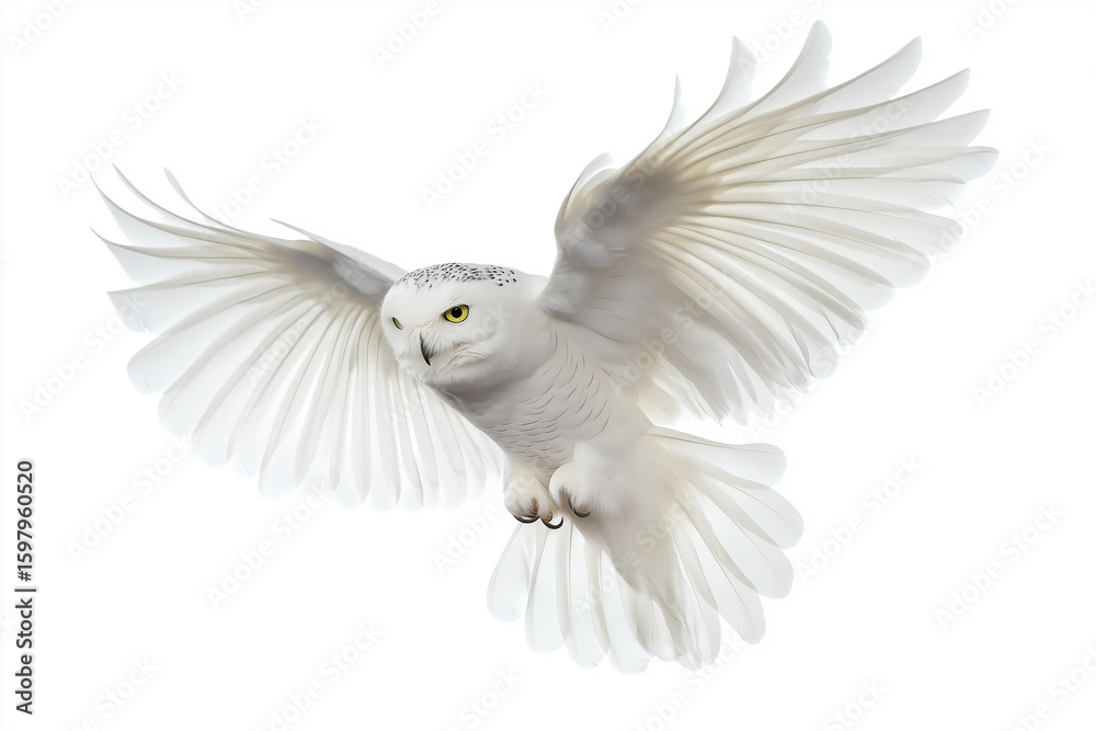 Fototapeta premium Snowy Owl in Flight with Spread Wings and White Feathers in Majestic Nature Setting