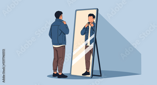 Man Getting Dressed In Front Of Mirror, Dressing Up Checking Himself, Readying