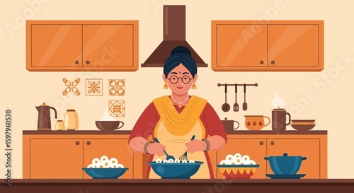 Indian Woman Cooking Traditional Food In Kitchen Represents Cultural Heritage