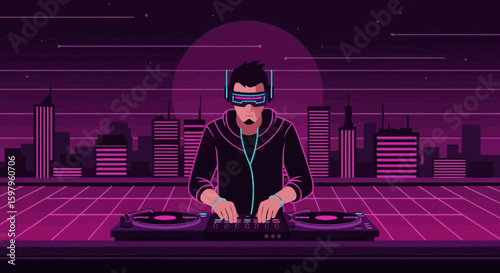 Neon Nights Music: Retro Dj Mixing Tracks In Cyberpunk City Backdrop
