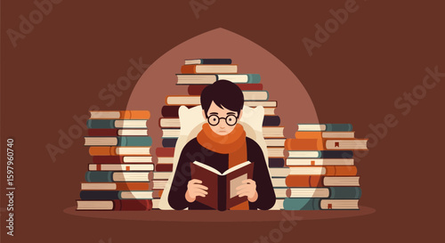Man Immersed In Reading With Stack Of Books Around For Education