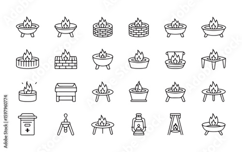 Collection of line art icons featuring fire pits and lanterns bonfire hearth