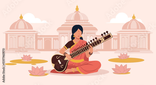 Indian Woman Playing Sitar In Temple Garden Creates Serene Cultural Ambience