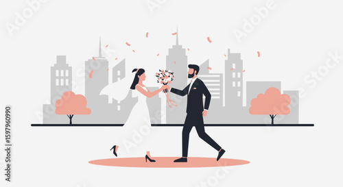 Newlyweds Celebrate Their Wedding Day With Urban City Skyline Backdrop