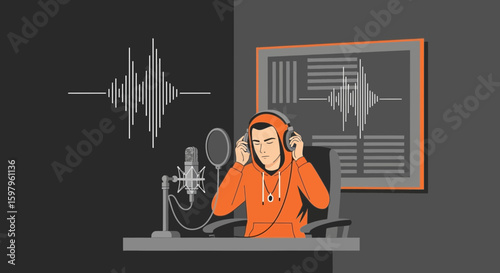 Man In Podcast Studio Analyzing The Sound Wave Editing A Vocal Track