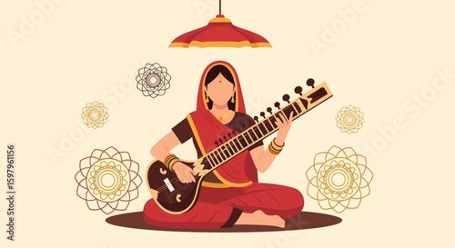 Indian Woman Plays Sitar Traditional Classical Instrument Cultural Music Celebration