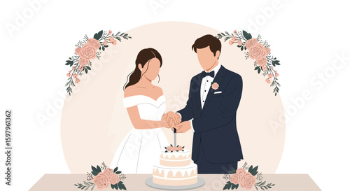 Newlyweds Cutting The Wedding Cake At Their Ceremony With Floral Decorations