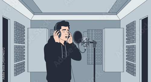 Man In Studio Capturing Vocals For Song Recording Creative Process
