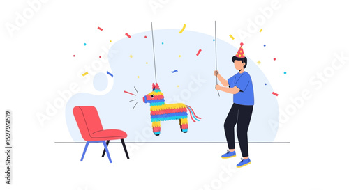 Festive Party Game Breaking A Piñata Filled With Treats And Confetti