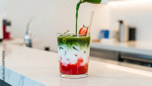 A layered iced strawberry matcha latte with milk, topped with fresh matcha and a strawberry slice, served in a clear glass.