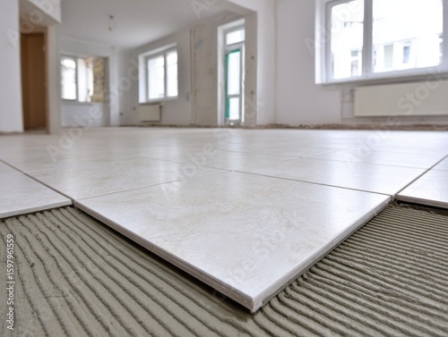Laying ceramic tiles on the floor with cement adhesive  indoors  in a room under construction  with visible windows and doorways.