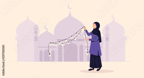 Festive Preparation Islamic Woman Decorating with Lights Before Mosque