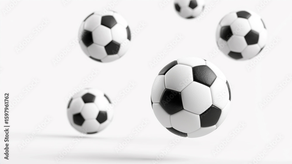 Multiple black and white soccer balls flying on white background. Multiple black and white soccer balls flying on white background.
