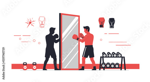 Intense Boxing Training Alone Punching Mirror Reflection Silhouette Style