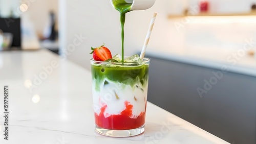 A layered iced strawberry matcha latte with milk, topped with fresh matcha and a strawberry slice, served in a clear glass.