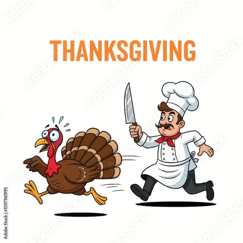 Thanksgiving Frenzy: A comical illustration of a chef, brandishing a knife, in hot pursuit of a panicking turkey against the backdrop of Thanksgiving festivities. 