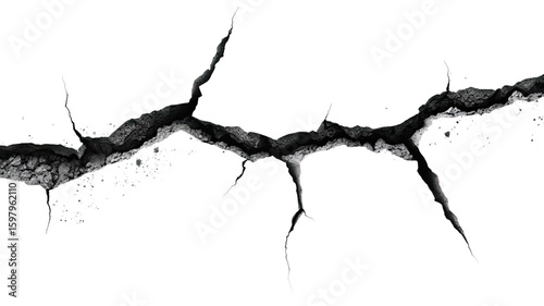  Hole in the wall with black split crack and broken rift in the ground floor isolated on white background
