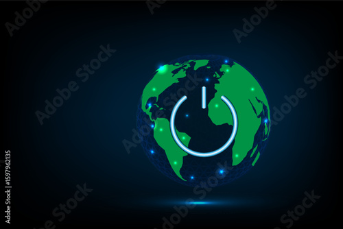 Glowing Earth with a power button symbol at its center, representing global energy, sustainability and digital activation, earth hour concept