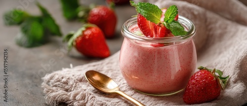 Delight in a strawberry mousse dessert served in a glass jar, garnished with fresh mint and sliced strawberries, accompanied by a golden spoon on a textured cloth.