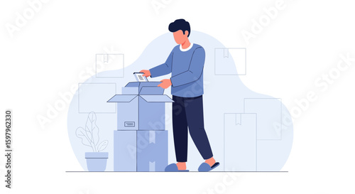 Man Packing Boxes For Moving House Or Online Shopping Delivery Concept
